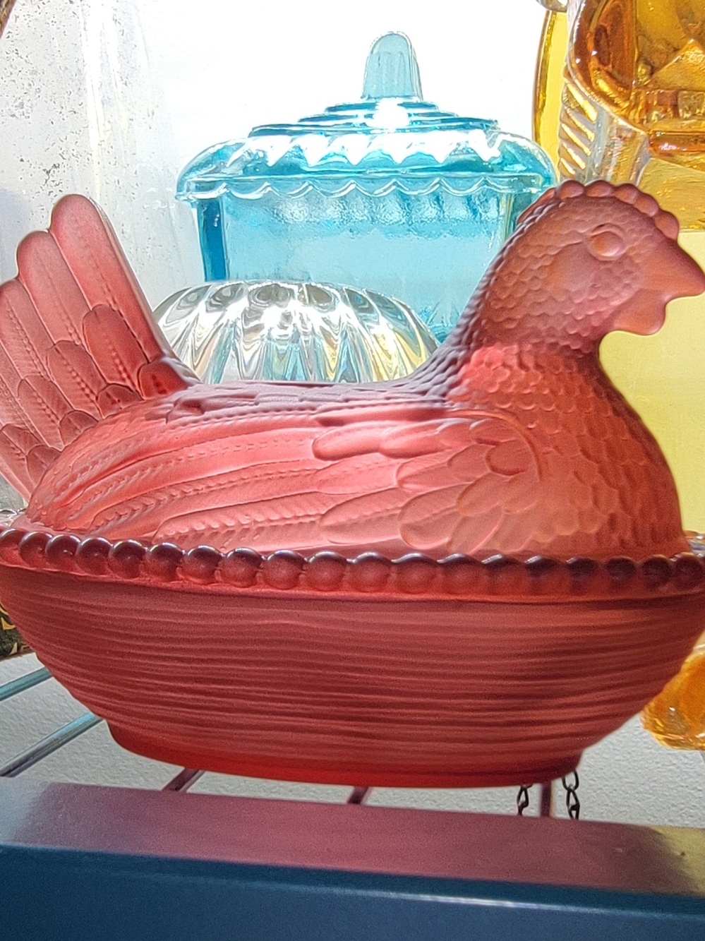 Red Glass Hen Covered Dish Satin Finish 4" Imported, Not Vintage